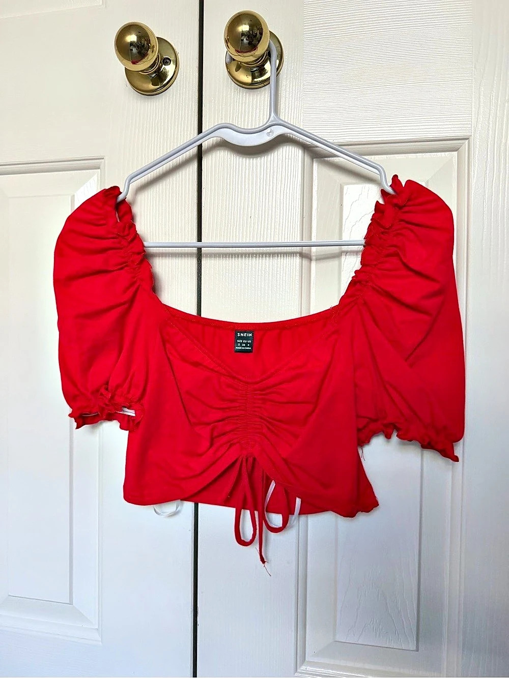 Puff Sleeve Ruched Drawstring Crop Top Red Small cottagecore red riding hood